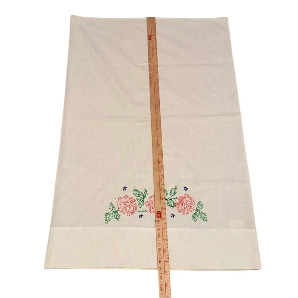 Vintage Pillowcase White Hand Embroidered Pink Floral Blue Accents Hemmed‎